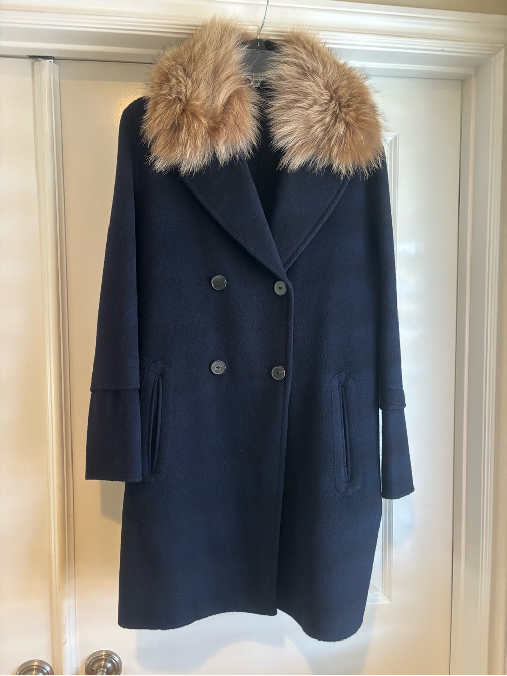 Vince Navy Wool Peacoat with Coyote Fur Removable Collar